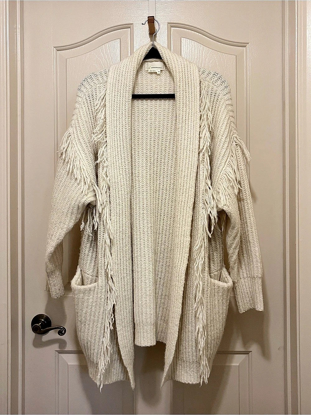 Anthropologie Ivory Fringe Chunky Knit Cardigan XS/S Oversized Boho